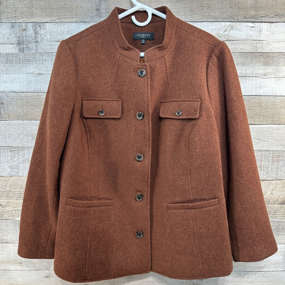 Talbots Womans Plus Brown Wool Blend Band Collar Button Front Blazer Jacket 16W